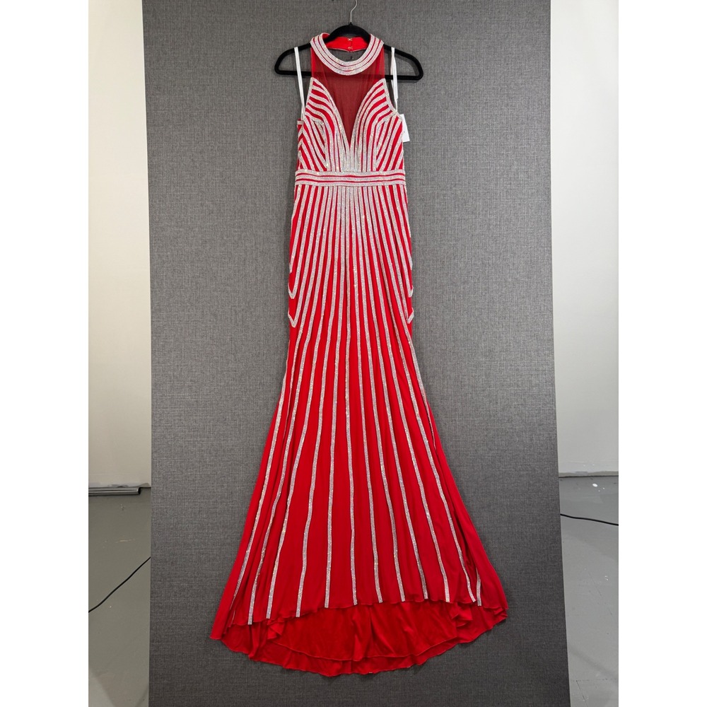Jovani Red and White Striped Prom Dress